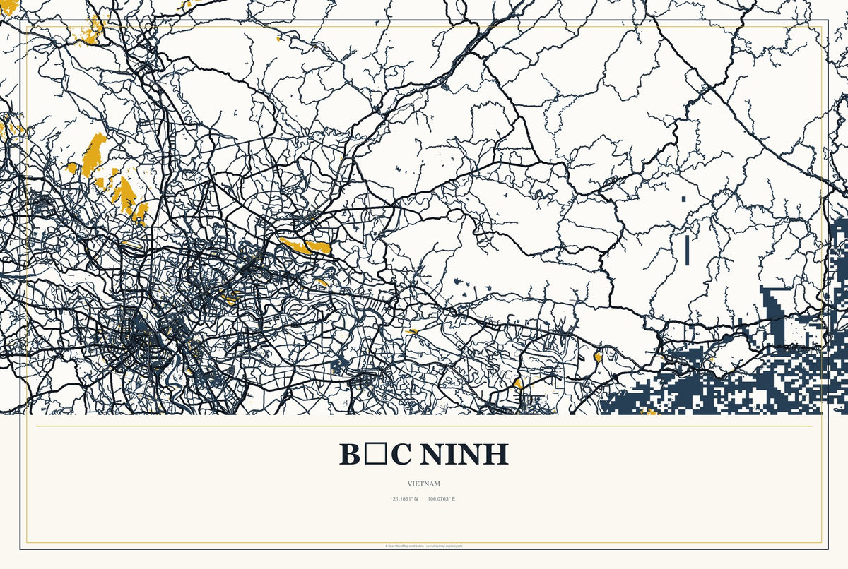 Bắc Ninh, Vietnam City Map Aluminum Sign in Citrine Modern style