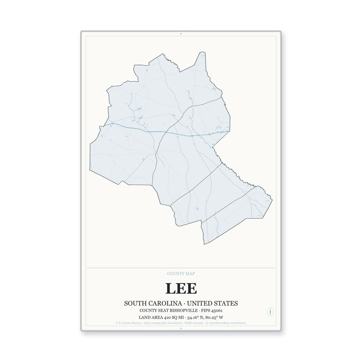 Lee County, South Carolina Map Aluminum Sign in Gallery Air style