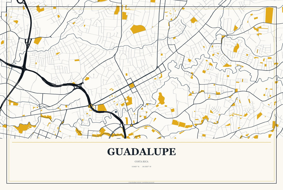 Guadalupe, Costa Rica City Map Aluminum Sign in Citrine Modern style