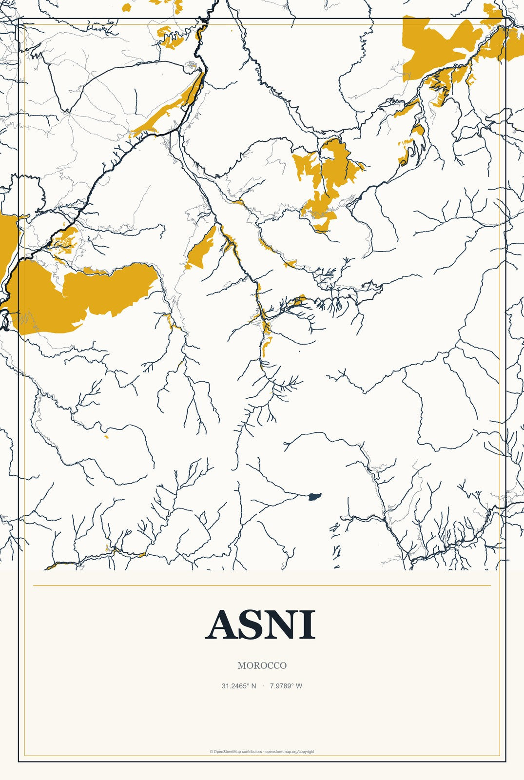 Asni, Morocco City Map Aluminum Sign in Citrine Modern style