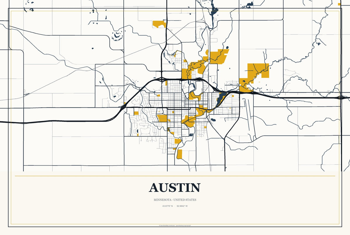 Austin, Minnesota City Map Aluminum Sign in Citrine Modern style