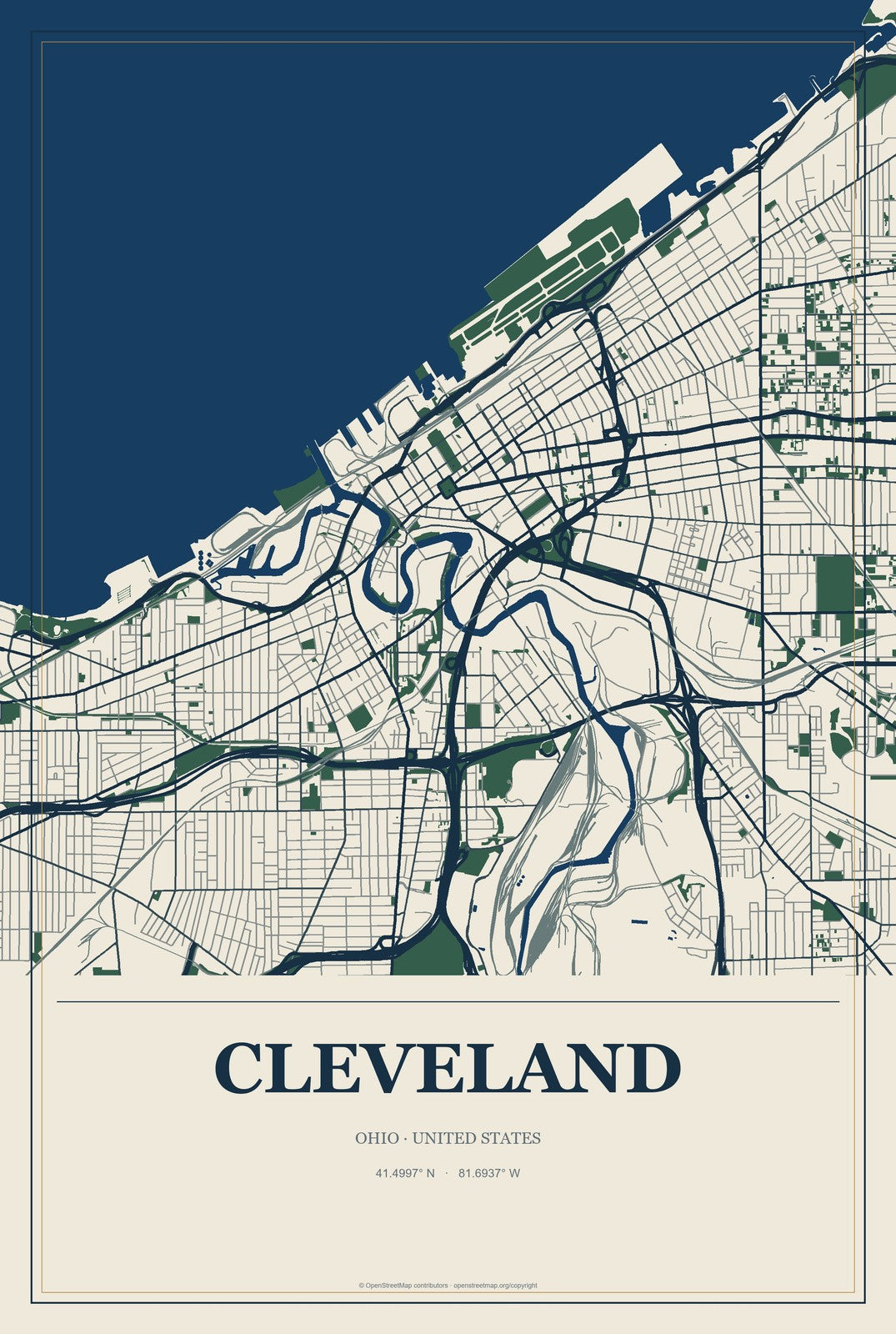 Cleveland, Ohio City Map Aluminum Sign in Coastal Cutout style