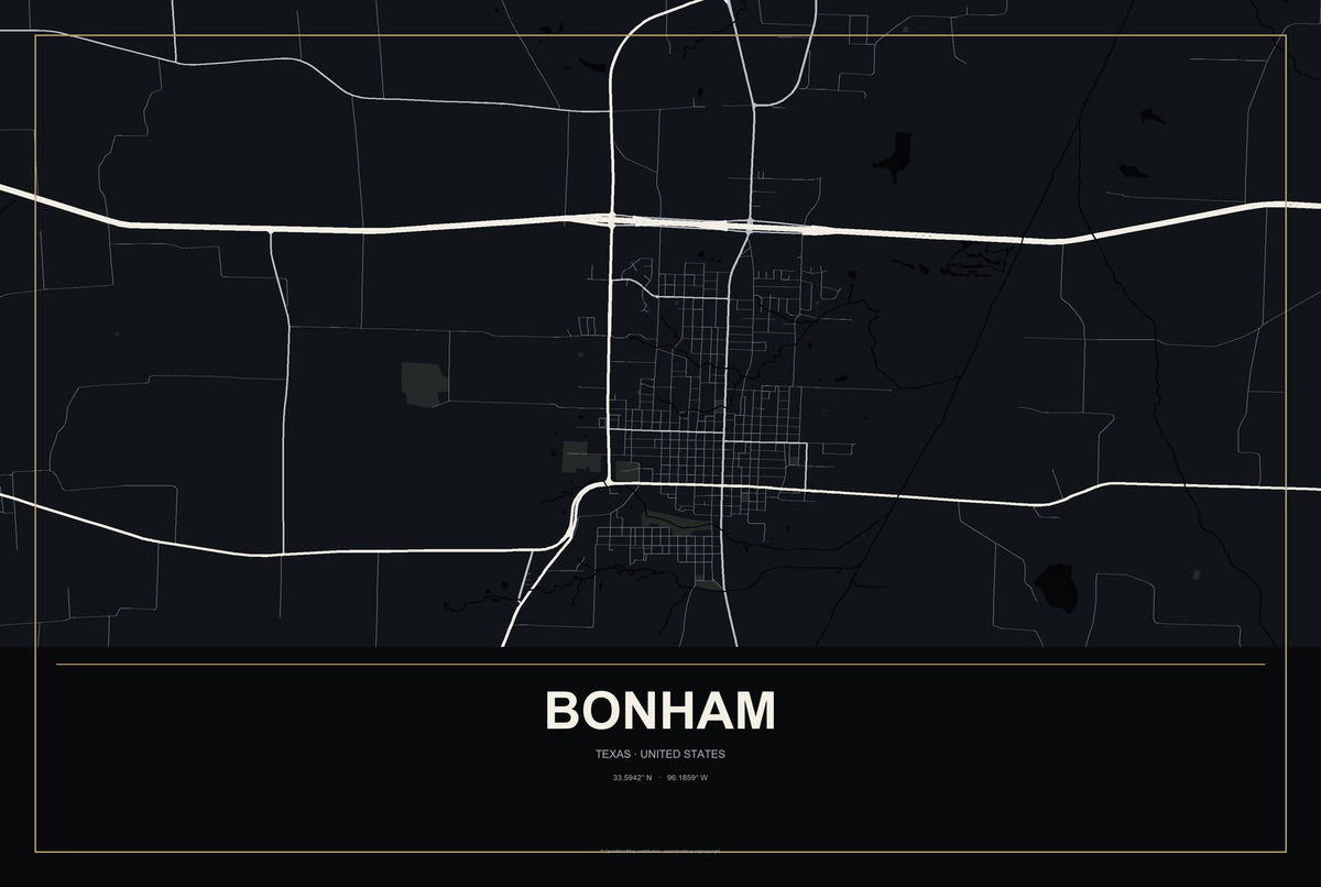 Bonham, Texas City Map Aluminum Sign in Metropolitan Noir style