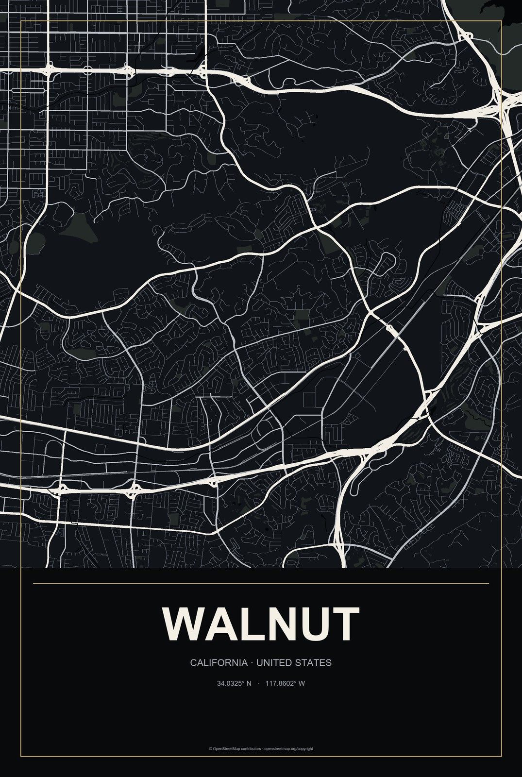 Walnut, California City Map Aluminum Sign in Metropolitan Noir style