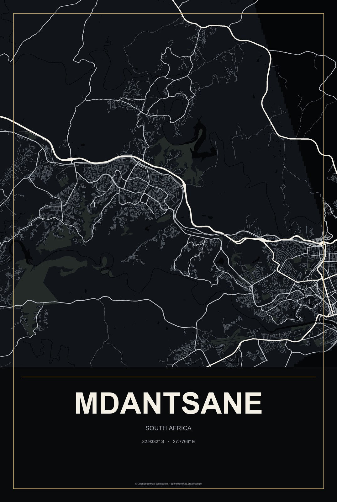Mdantsane, South Africa City Map Aluminum Sign in Metropolitan Noir style