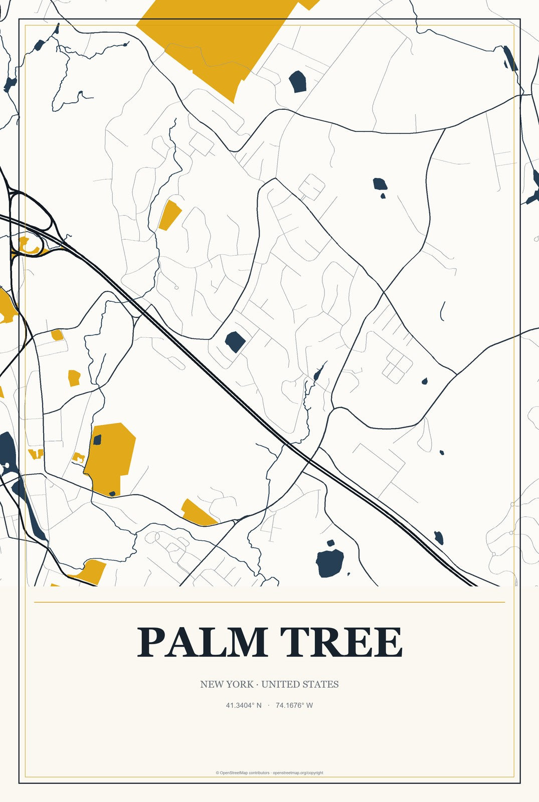 Palm Tree, New York City Map Aluminum Sign in Citrine Modern style