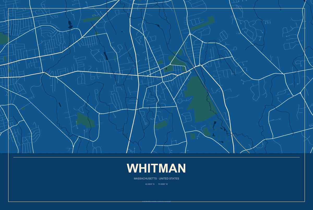 Whitman, Massachusetts City Map Aluminum Sign in Harbor Cobalt style