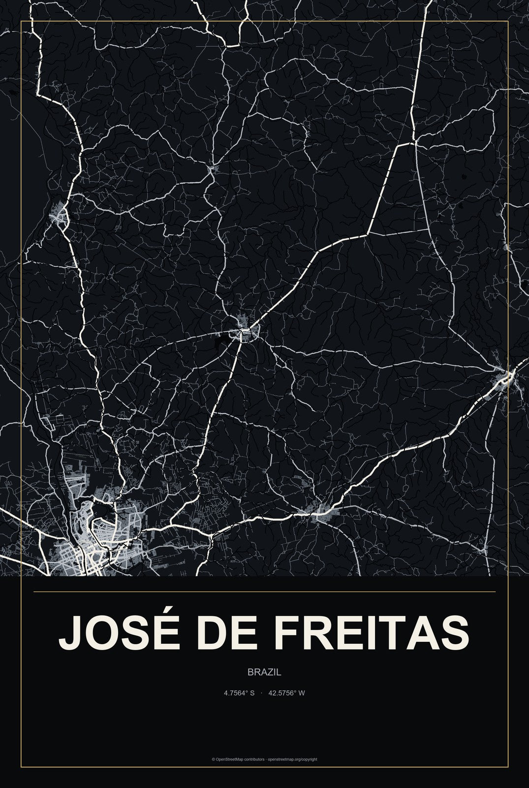 José de Freitas, Brazil City Map Aluminum Sign in Metropolitan Noir style