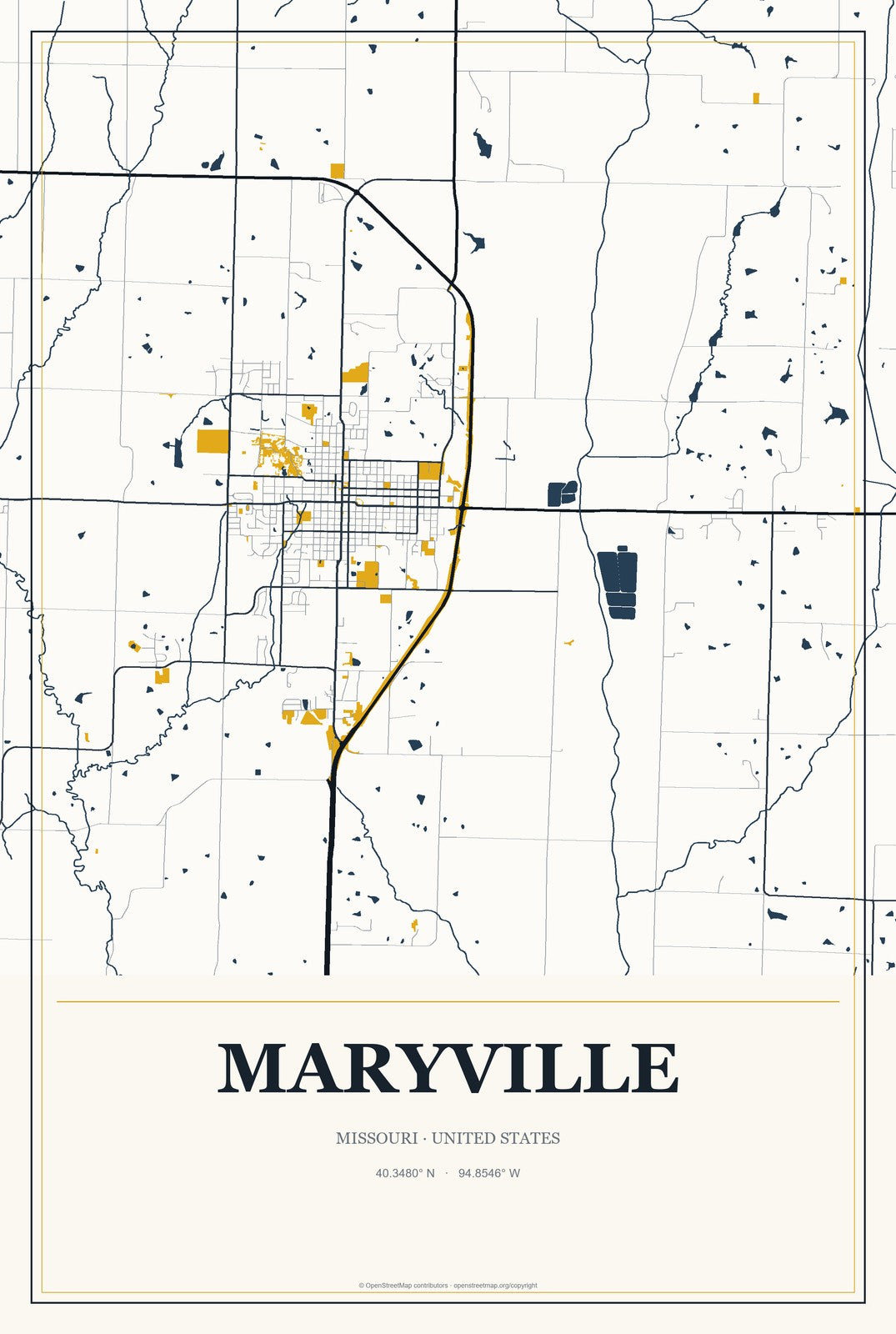 Maryville, Missouri City Map Aluminum Sign in Citrine Modern style