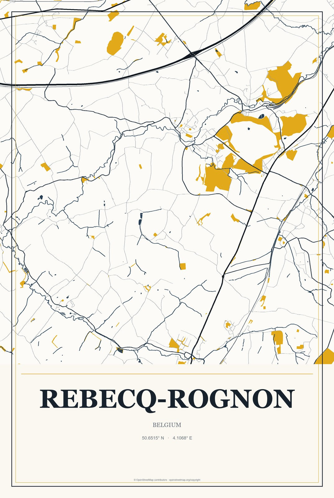 Rebecq-Rognon, Belgium City Map Aluminum Sign in Citrine Modern style