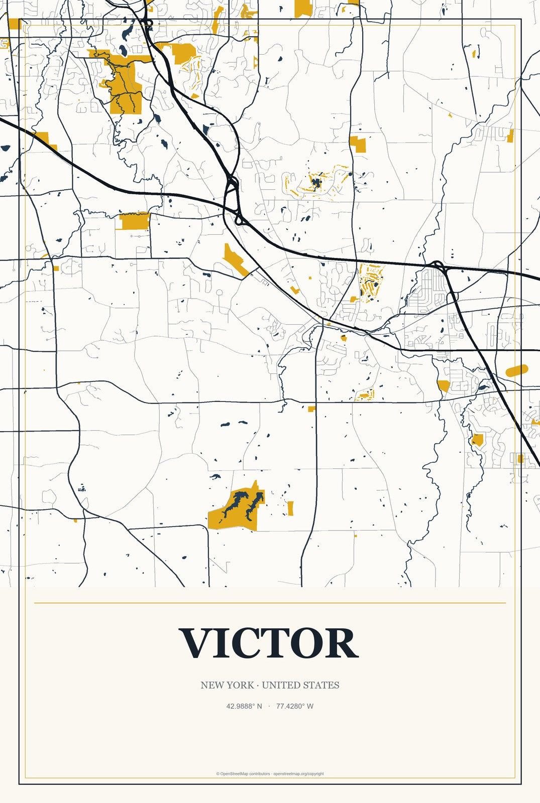 Victor, New York City Map Aluminum Sign in Citrine Modern style