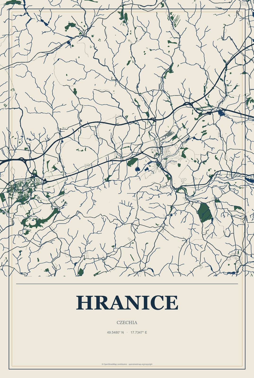 Hranice, Czechia City Map Aluminum Sign in Coastal Cutout style
