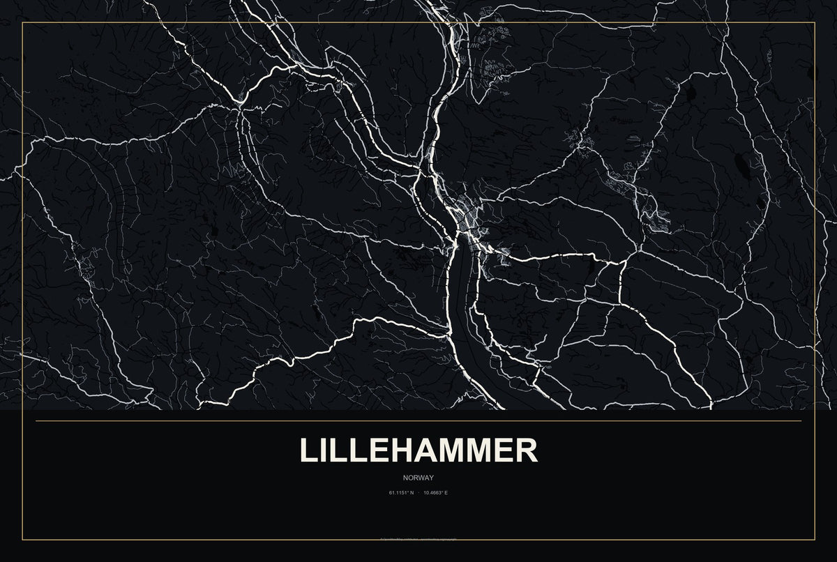 Lillehammer, Norway City Map Aluminum Sign in Metropolitan Noir style