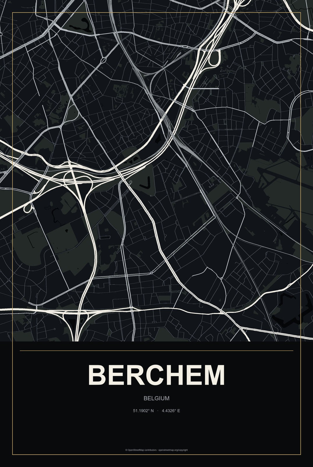 Berchem, Belgium City Map Aluminum Sign in Metropolitan Noir style