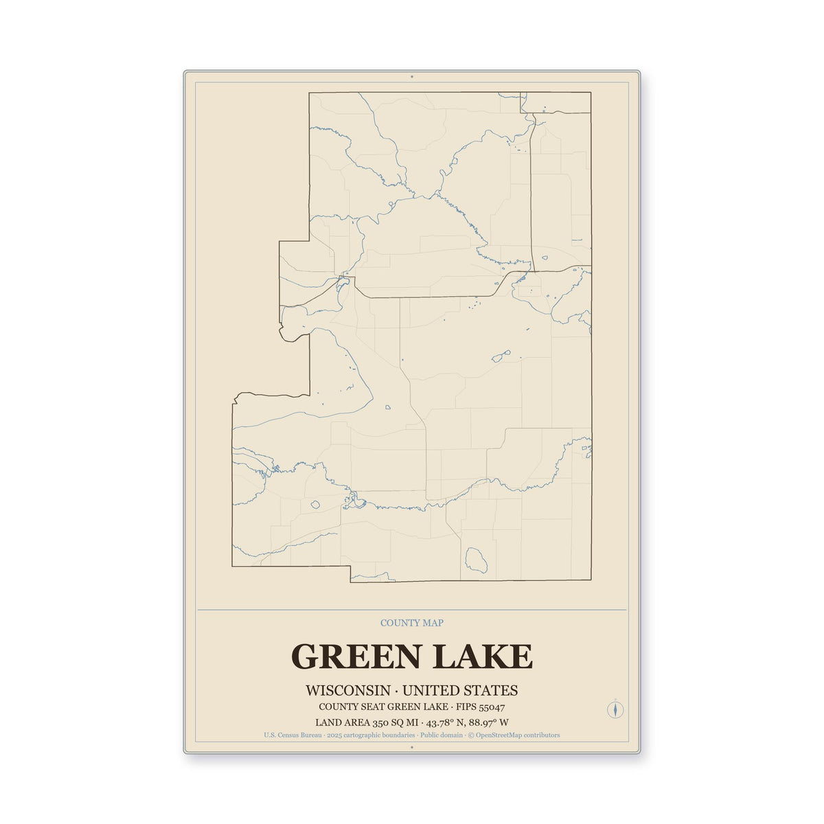 Green Lake County, Wisconsin Map Aluminum Sign in Heritage Nautical style