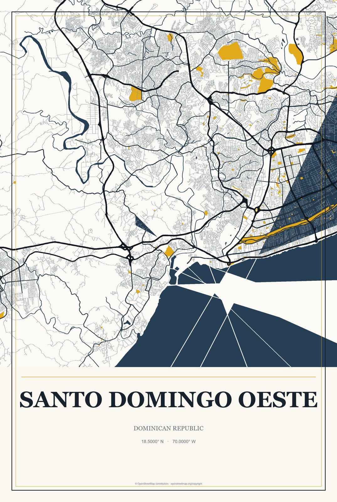 Santo Domingo Oeste, Dominican Republic City Map Aluminum Sign in Citrine Modern style