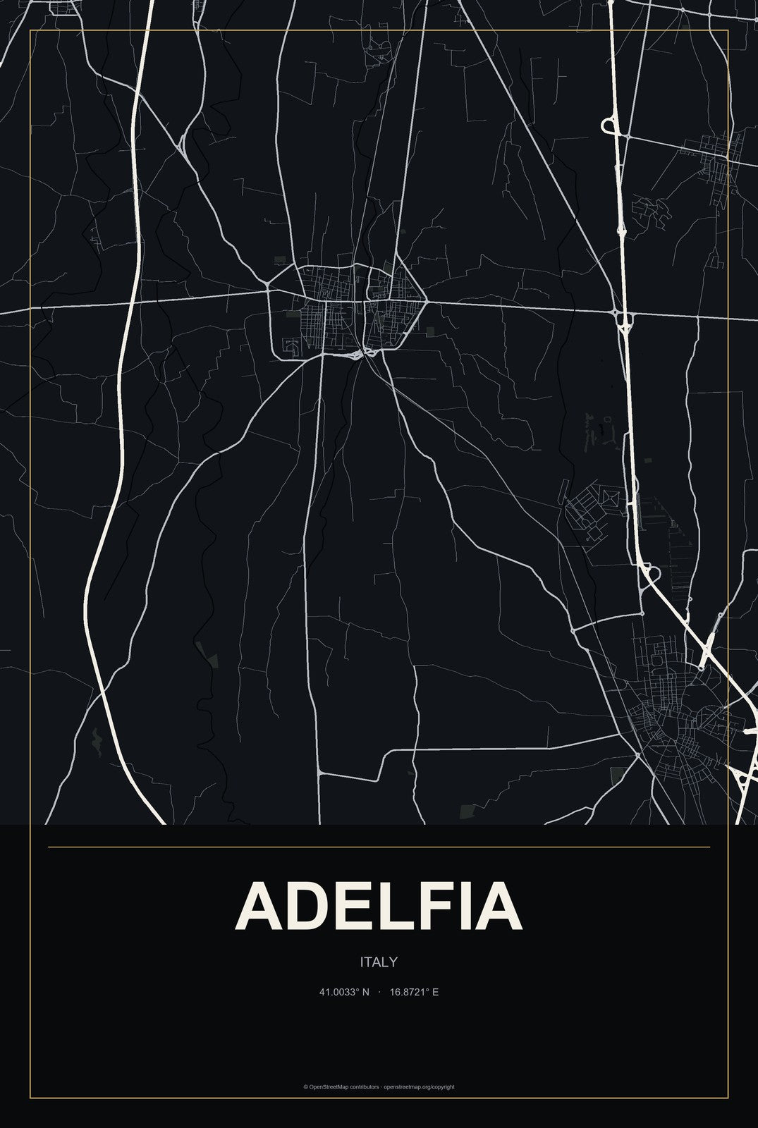 Adelfia, Italy City Map Aluminum Sign in Metropolitan Noir style
