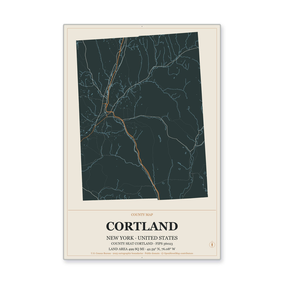 Cortland County, New York Map Aluminum Sign in Headline Atlas style