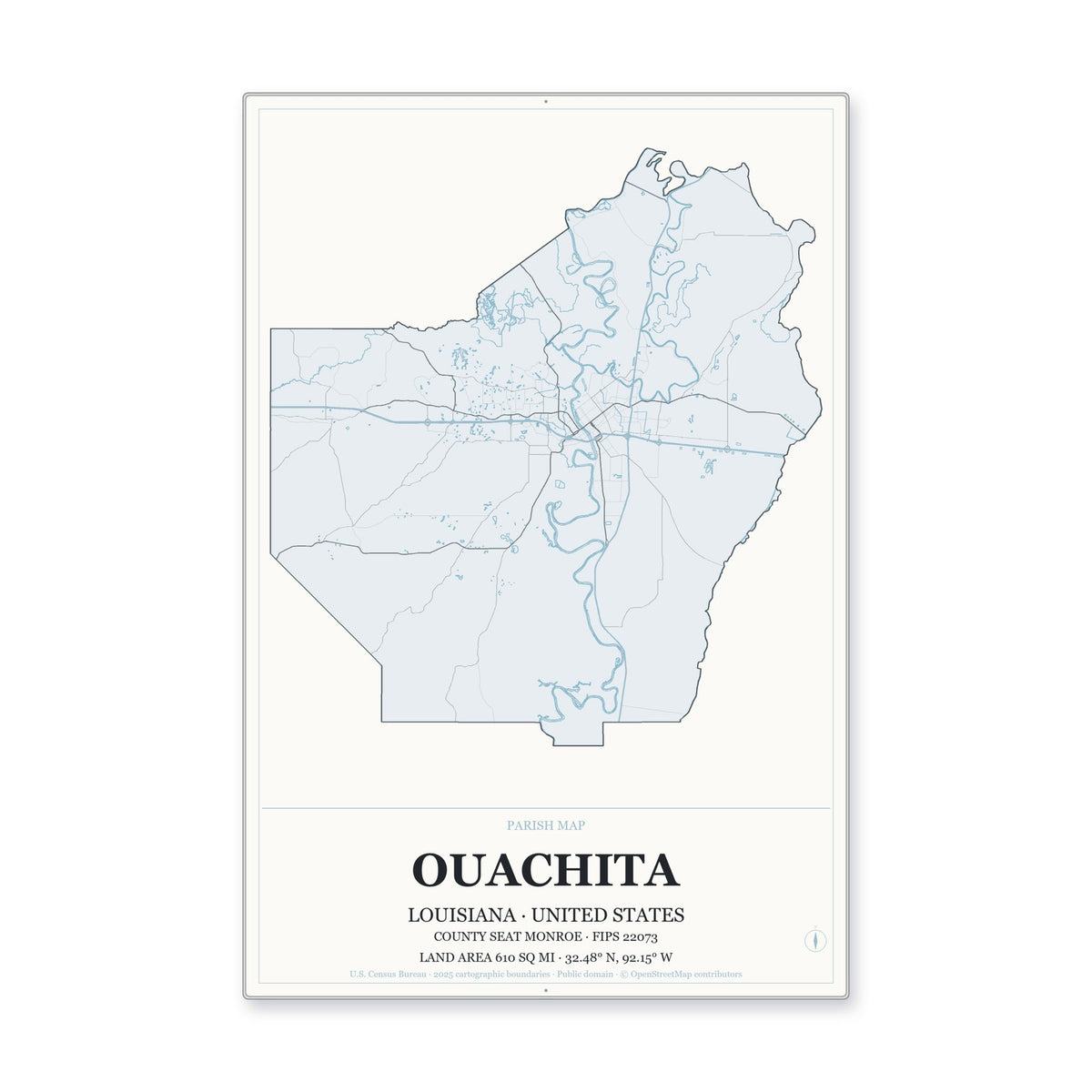 Ouachita Parish, Louisiana Map Aluminum Sign in Gallery Air style