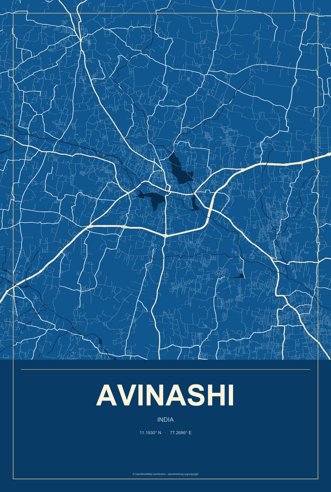 Avinashi, India City Map Aluminum Sign in Harbor Cobalt style