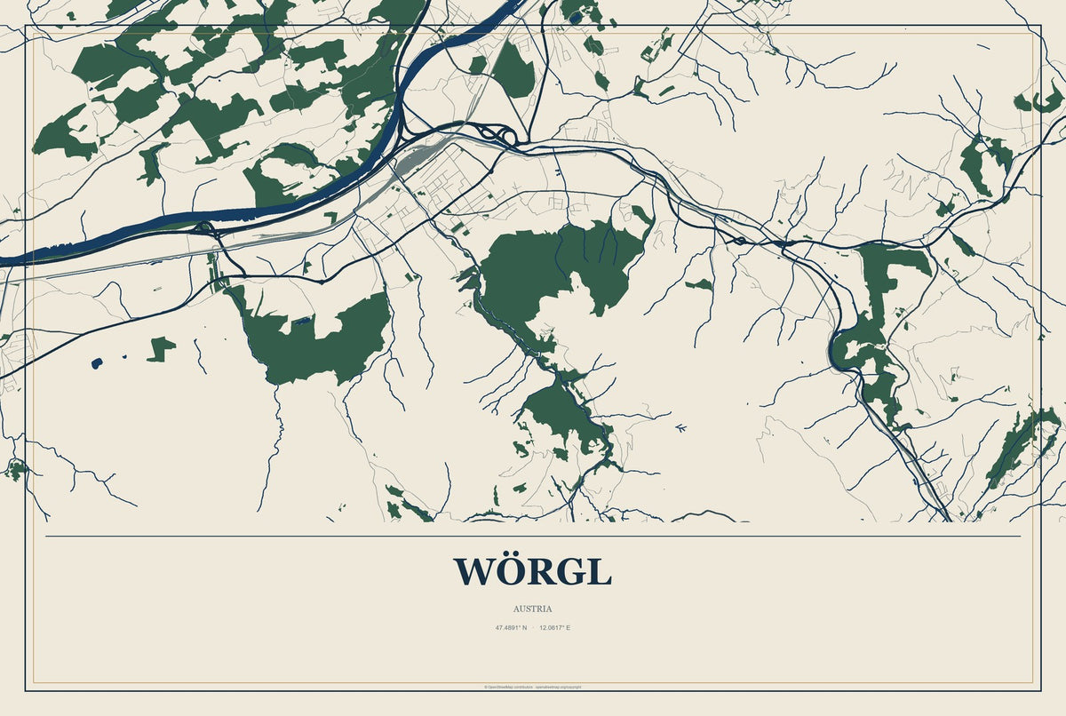 Wörgl, Austria City Map Aluminum Sign in Coastal Cutout style