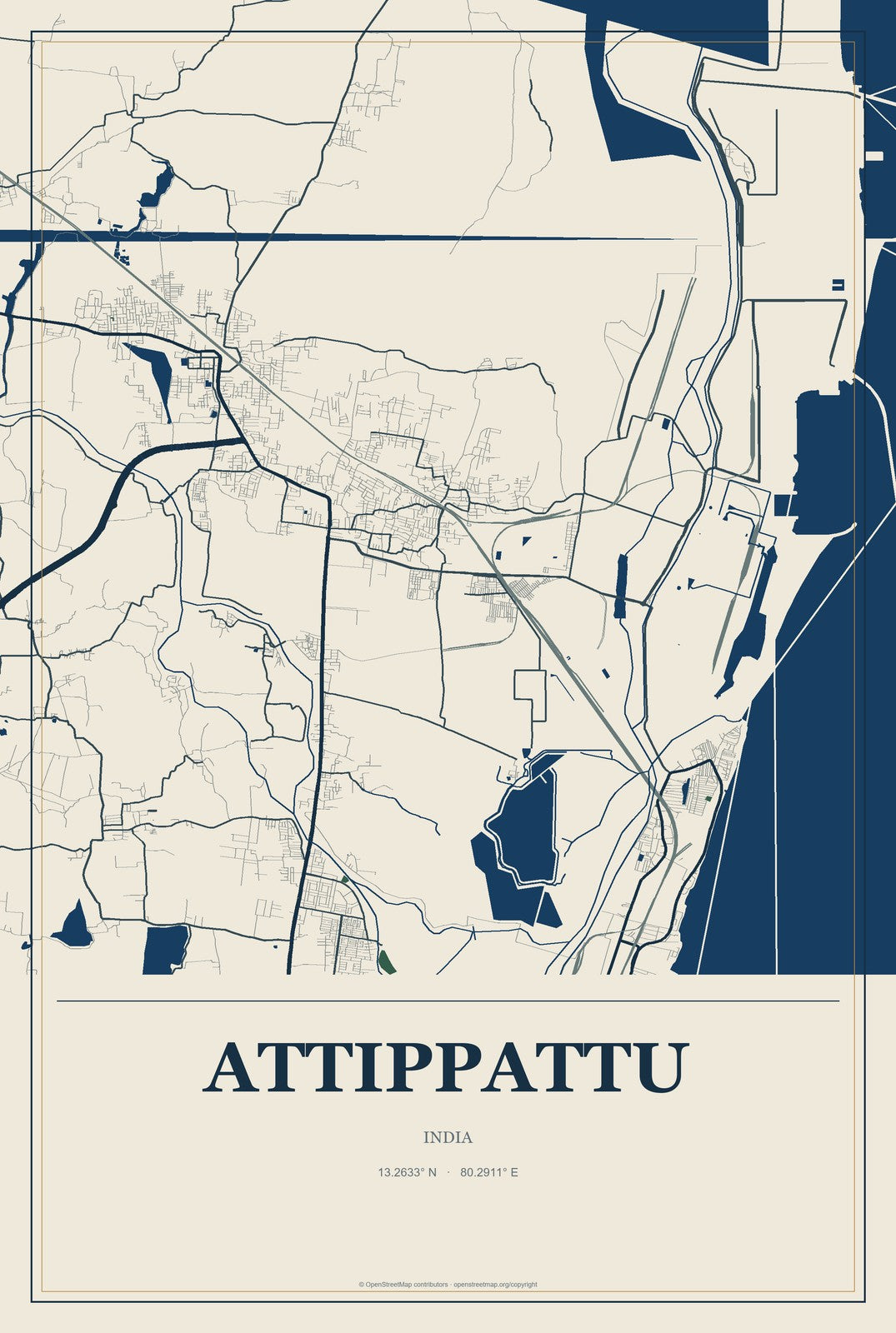 Attippattu, India City Map Aluminum Sign in Coastal Cutout style