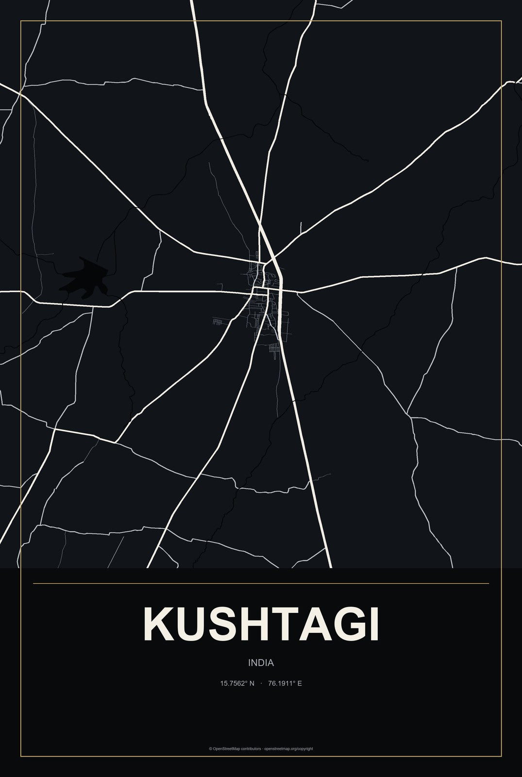 Kushtagi, India City Map Aluminum Sign in Metropolitan Noir style