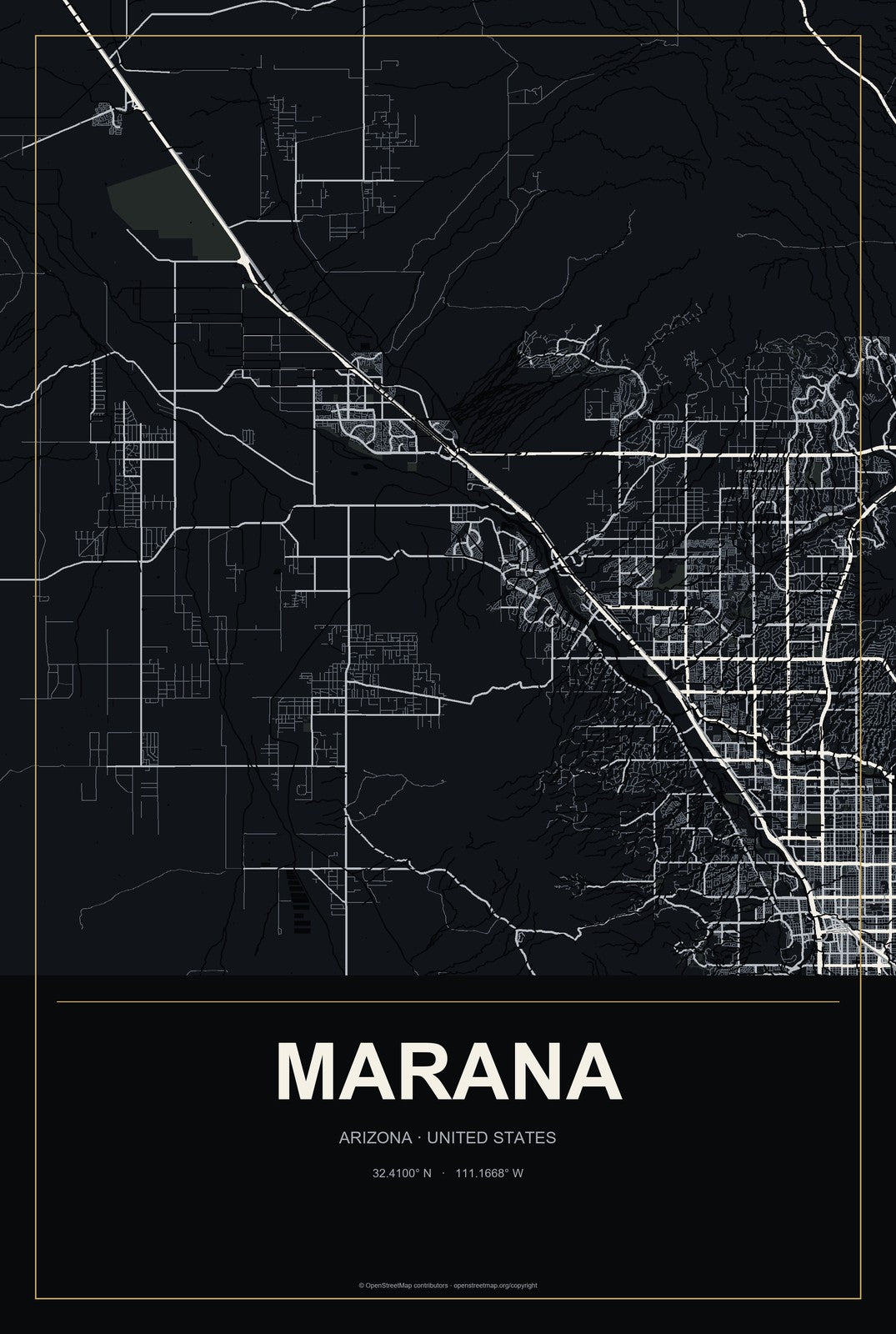 Marana, Arizona City Map Aluminum Sign in Metropolitan Noir style