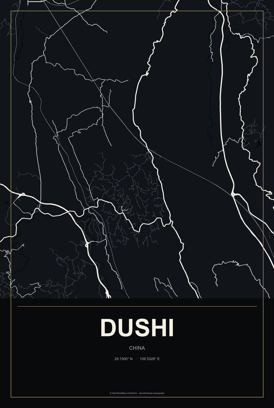 Dushi, China City Map Aluminum Sign in Metropolitan Noir style