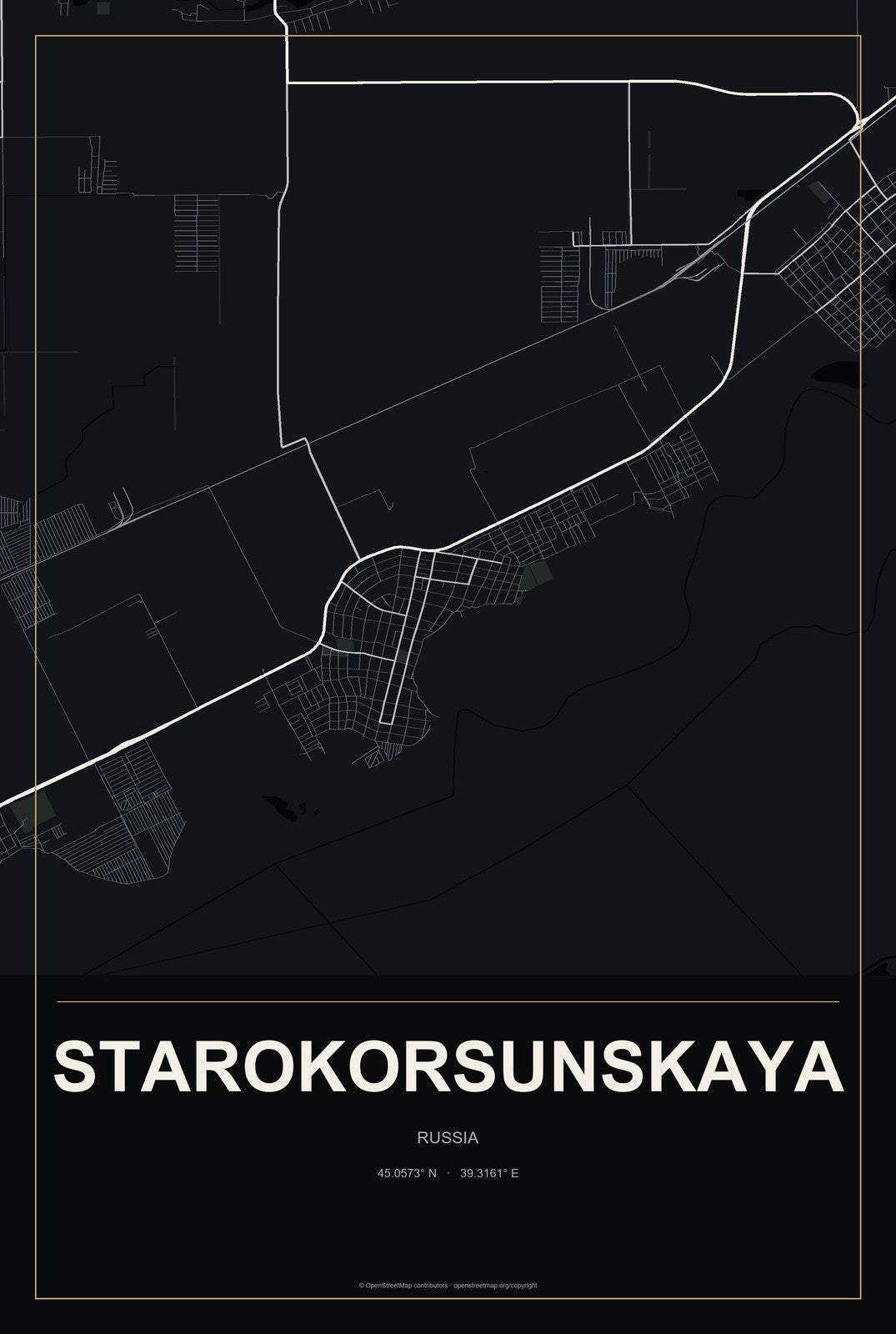 Starokorsunskaya, Russia City Map Aluminum Sign in Metropolitan Noir style