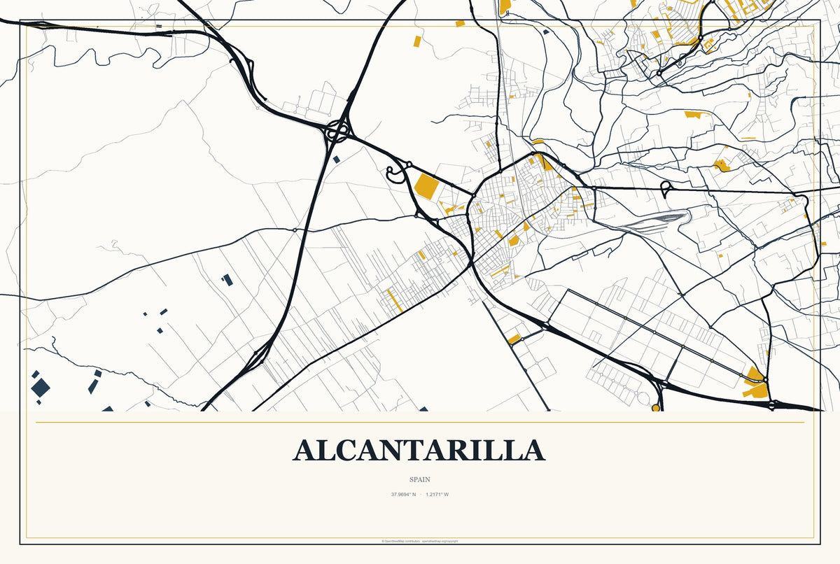 Alcantarilla, Spain City Map Aluminum Sign in Citrine Modern style