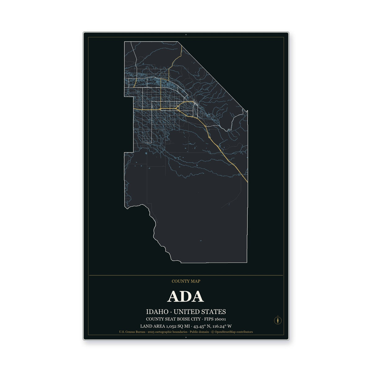 Ada County, Idaho Map Aluminum Sign in Metropolitan Noir style