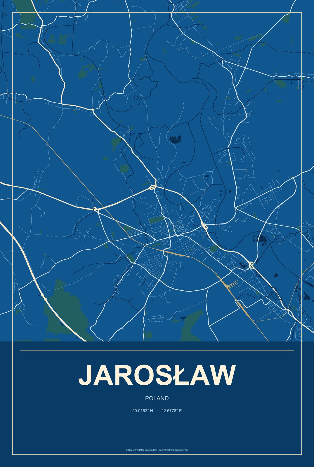 Jarosław, Poland City Map Aluminum Sign in Harbor Cobalt style
