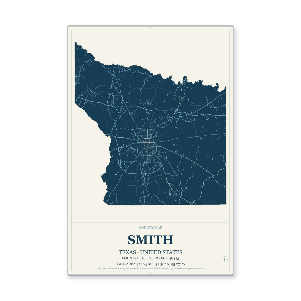 Smith County, Texas Map Aluminum Sign in Coastal Cutout style