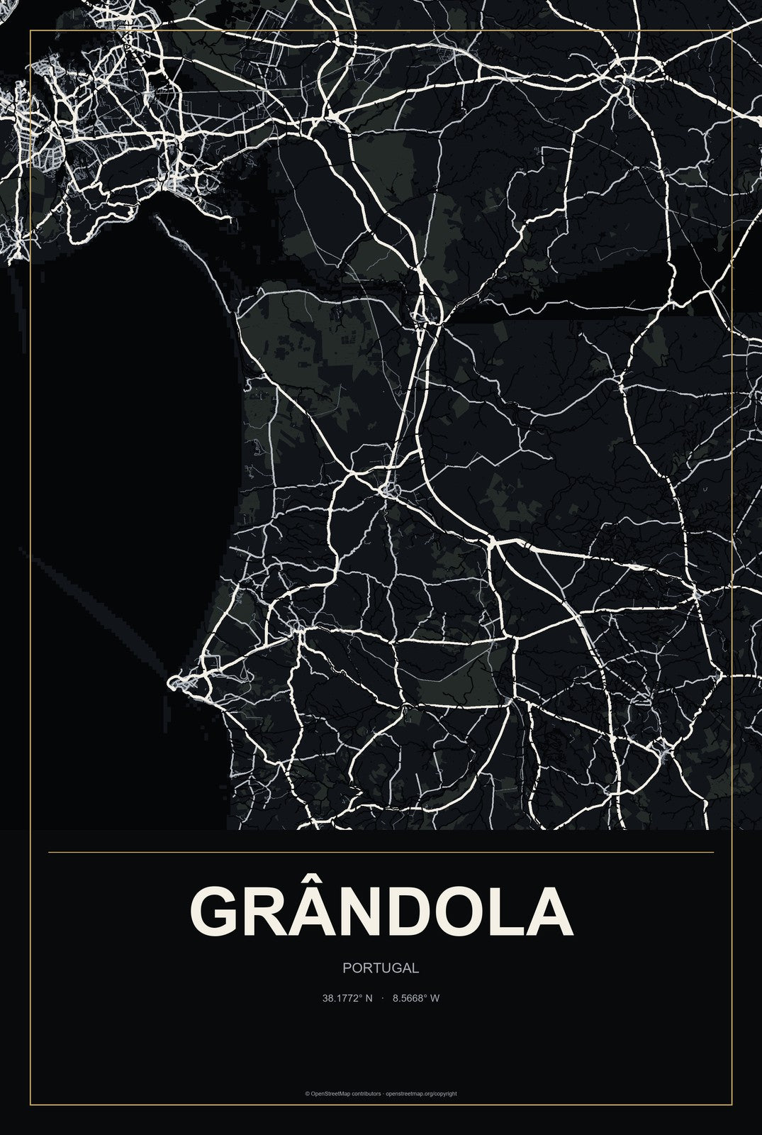 Grândola, Portugal City Map Aluminum Sign in Metropolitan Noir style