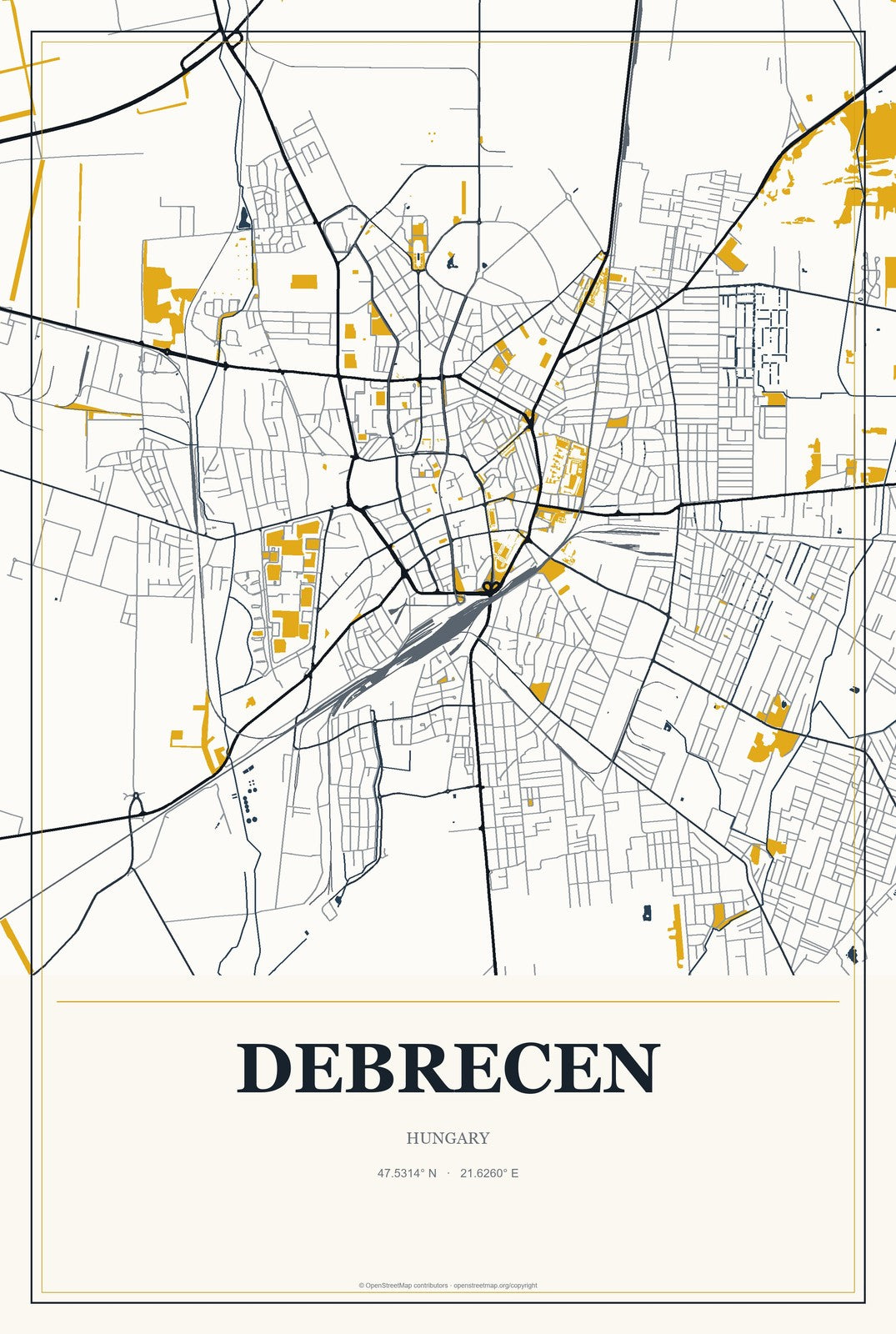 Debrecen, Hungary City Map Aluminum Sign in Citrine Modern style