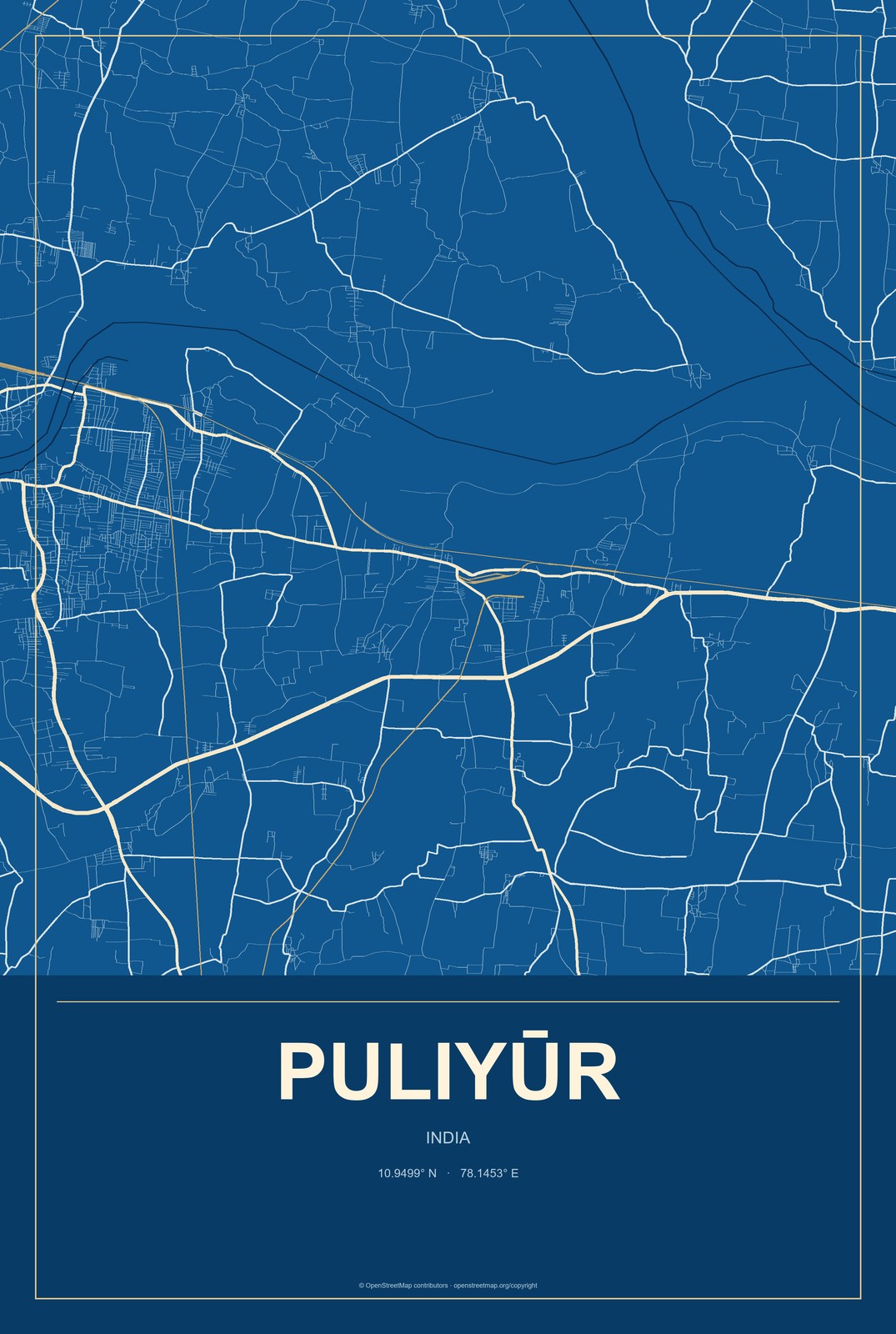 Puliyūr, India City Map Aluminum Sign in Harbor Cobalt style