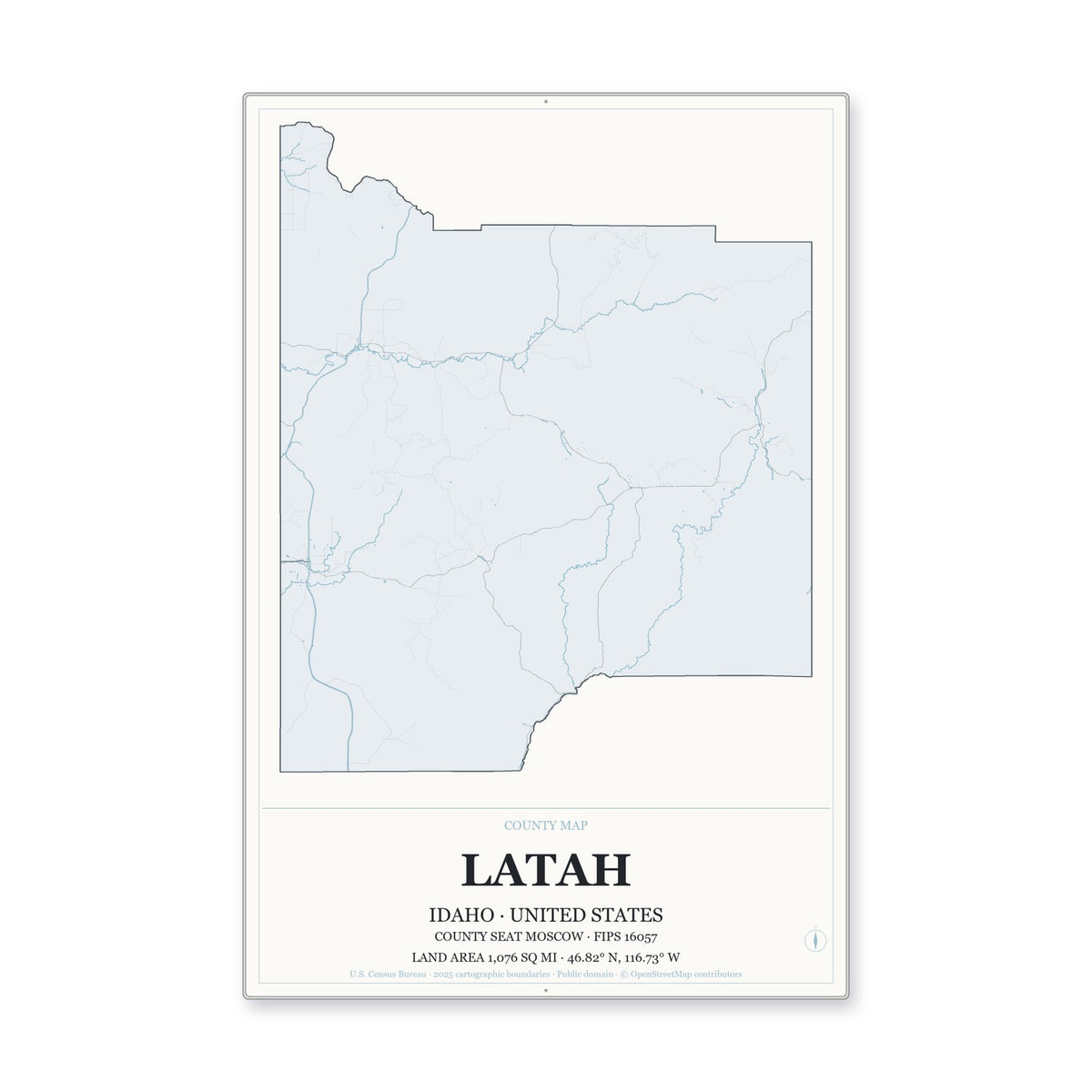 Latah County, Idaho Map Aluminum Sign in Gallery Air style