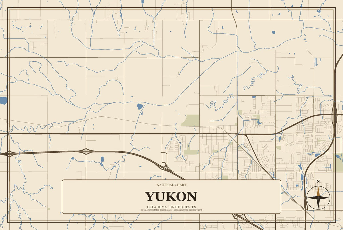 Yukon, Oklahoma City Map Aluminum Sign in Heritage Nautical style