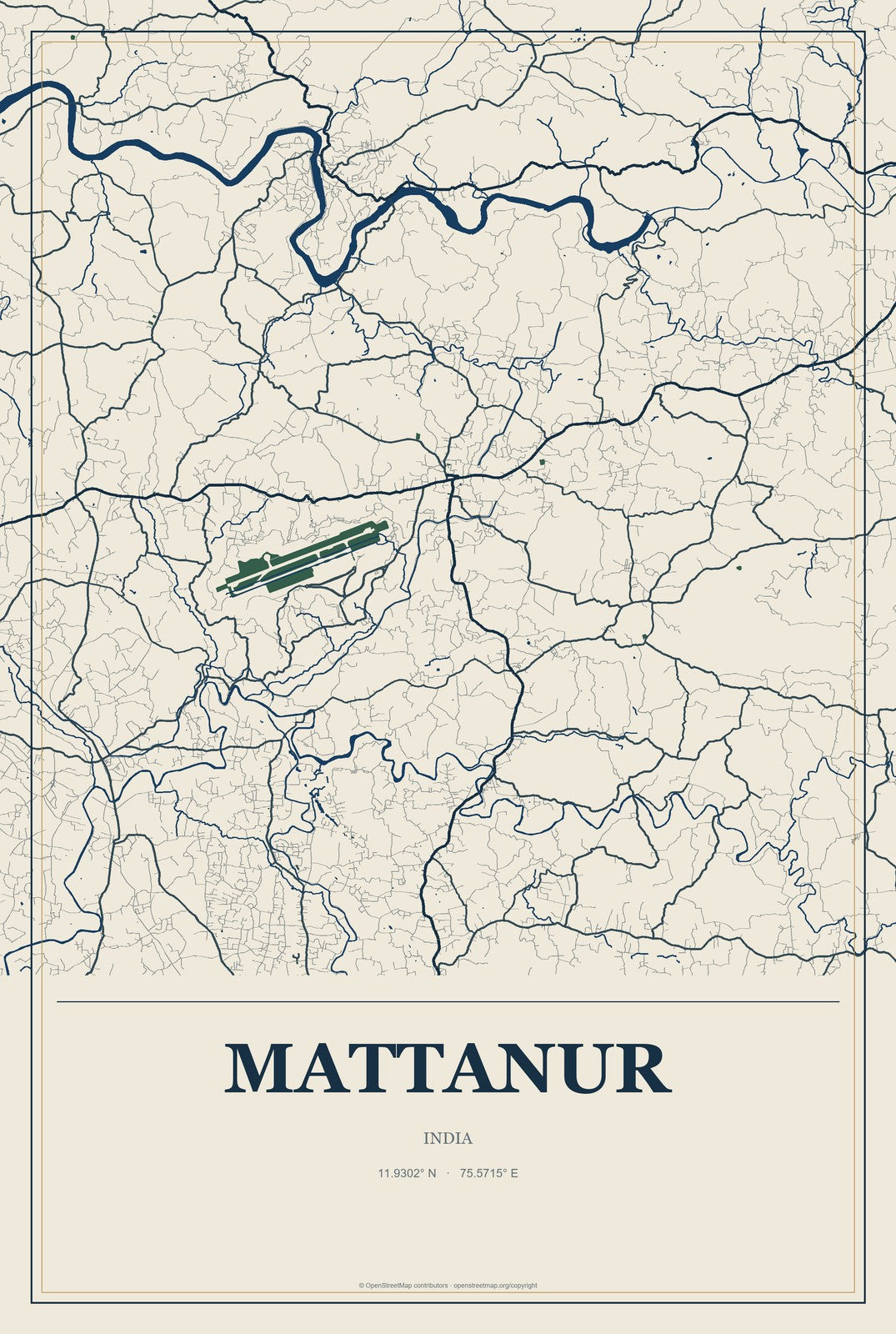 Mattanur, India City Map Aluminum Sign in Coastal Cutout style