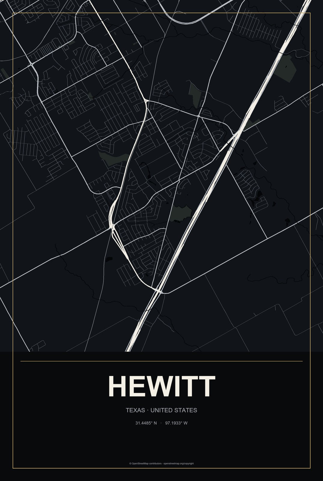 Hewitt, Texas City Map Aluminum Sign in Metropolitan Noir style