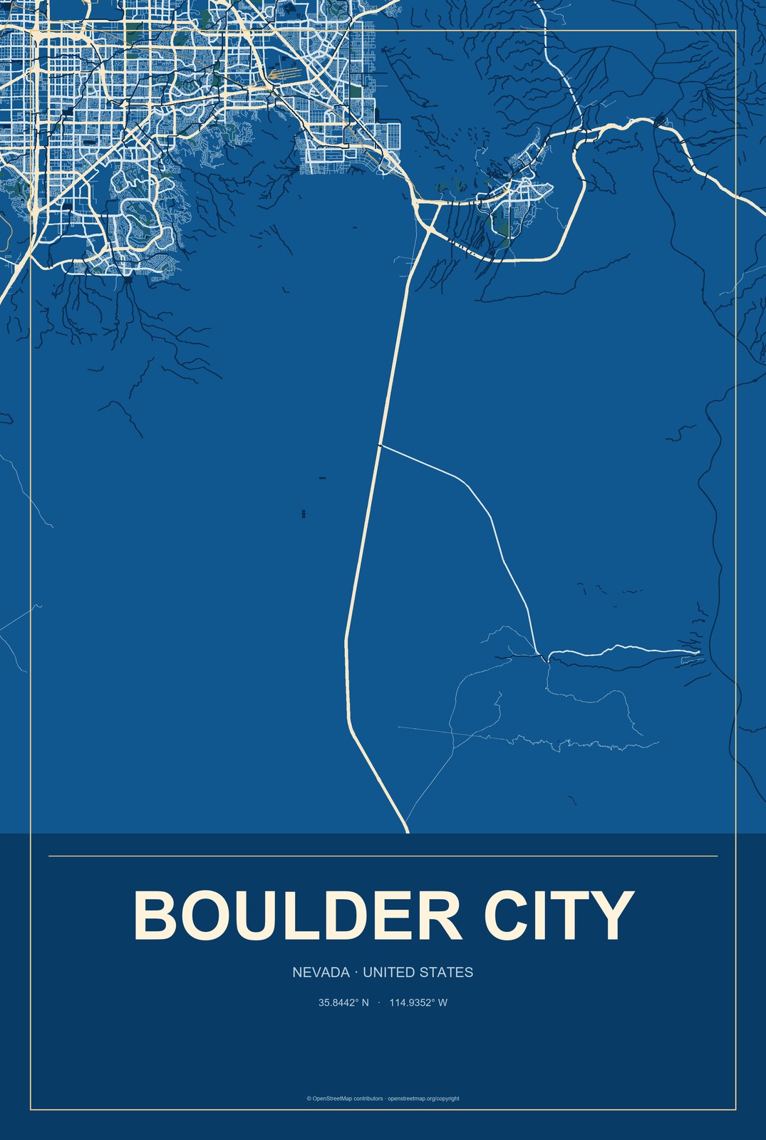 Boulder City, Nevada City Map Aluminum Sign in Harbor Cobalt style