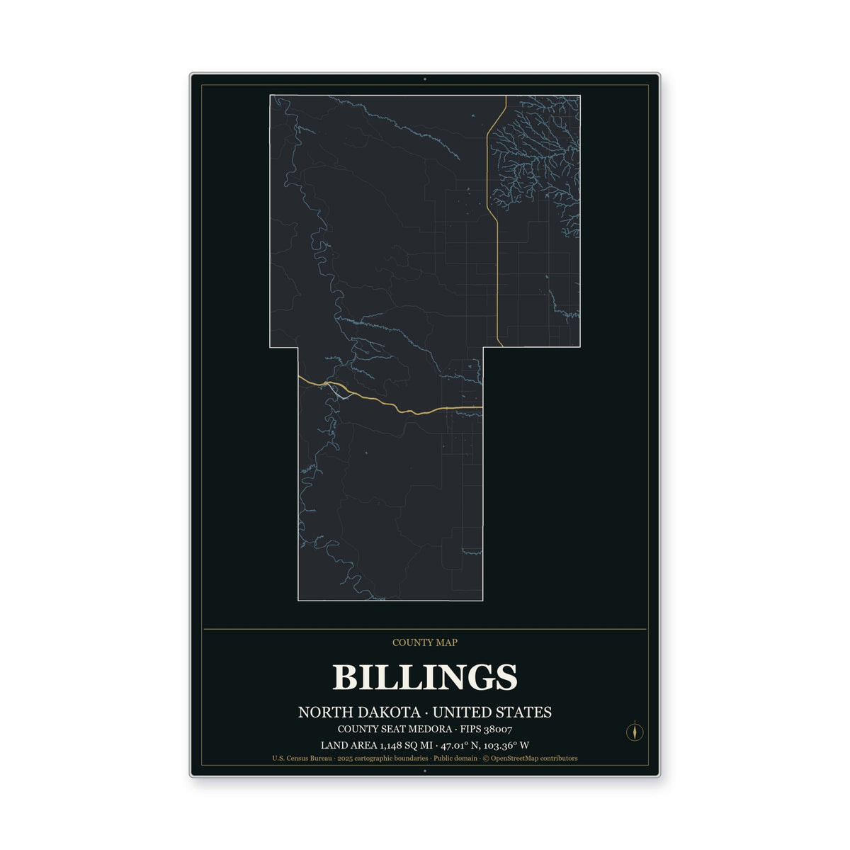 Billings County, North Dakota Map Aluminum Sign in Metropolitan Noir style