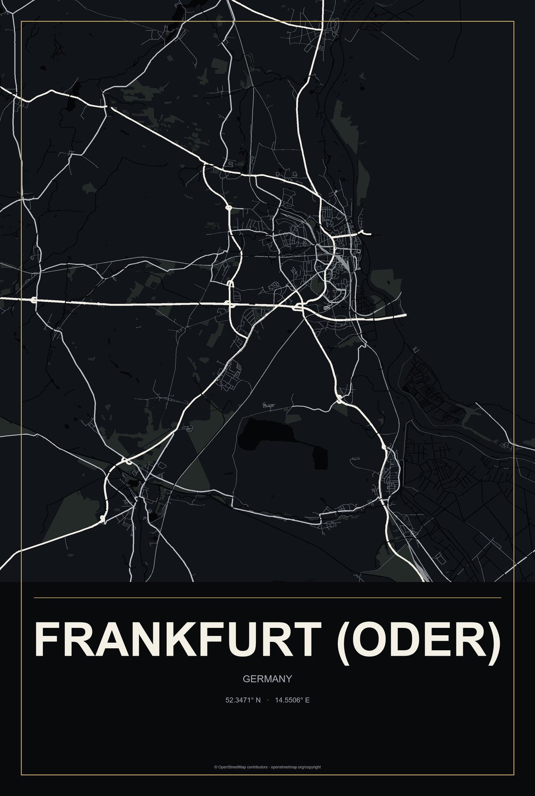 Frankfurt (Oder), Germany City Map Aluminum Sign in Metropolitan Noir style