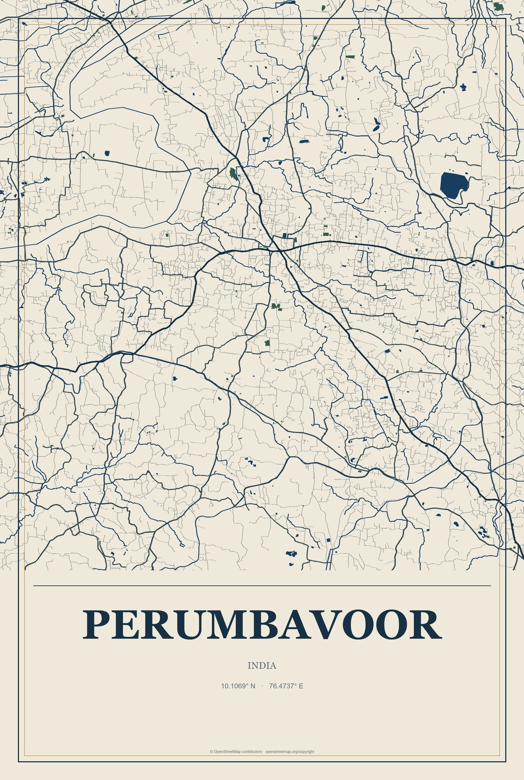 Perumbavoor, India City Map Aluminum Sign in Coastal Cutout style