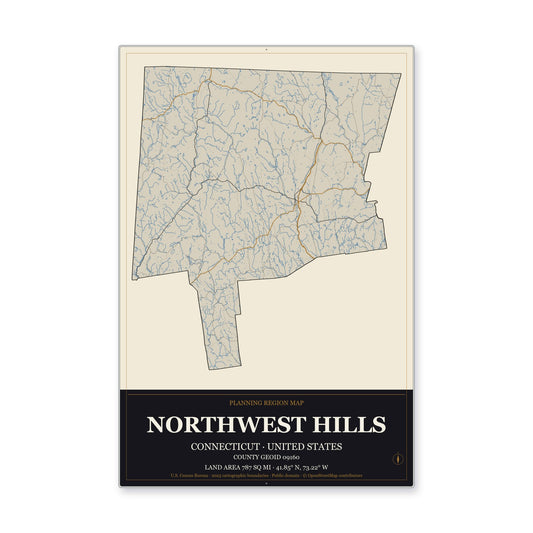 Northwest Hills Planning Region, Connecticut Map Aluminum Sign in Museum Plaque style