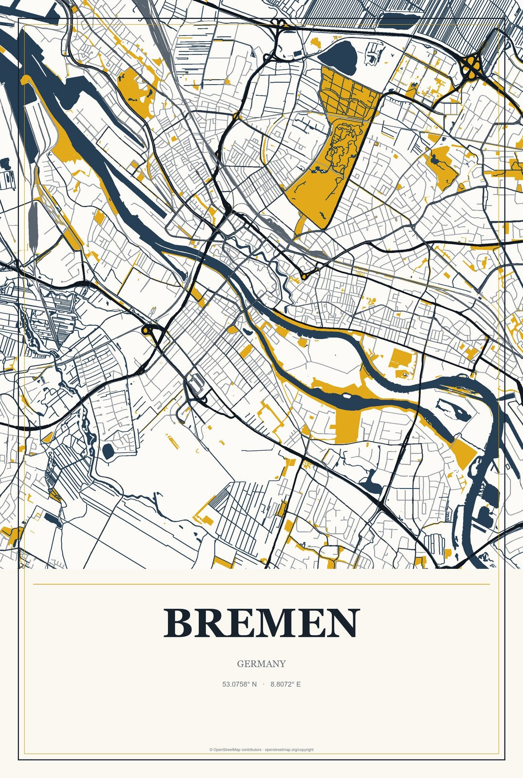 Bremen, Germany City Map Aluminum Sign in Citrine Modern style
