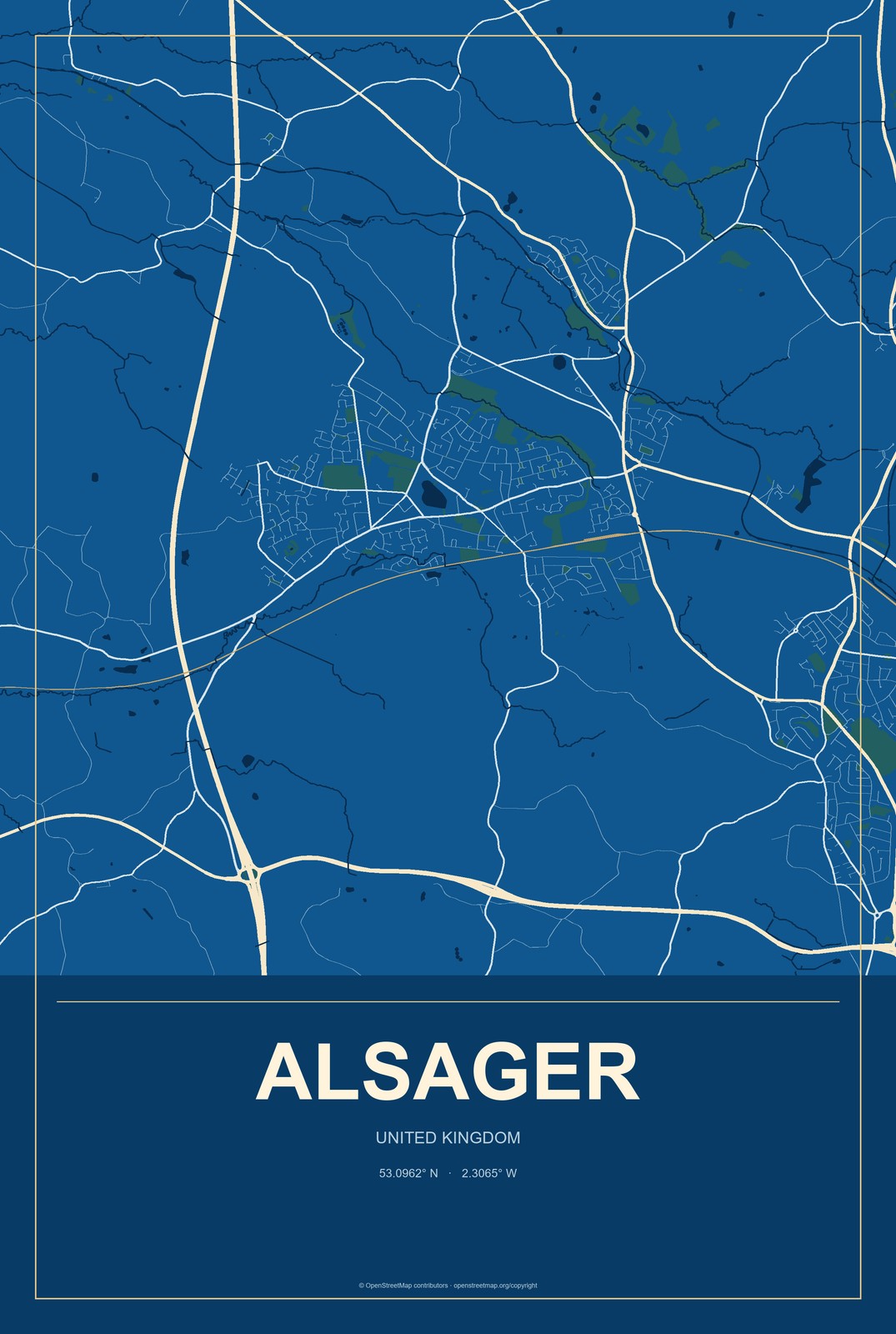 Alsager, United Kingdom City Map Aluminum Sign in Harbor Cobalt style