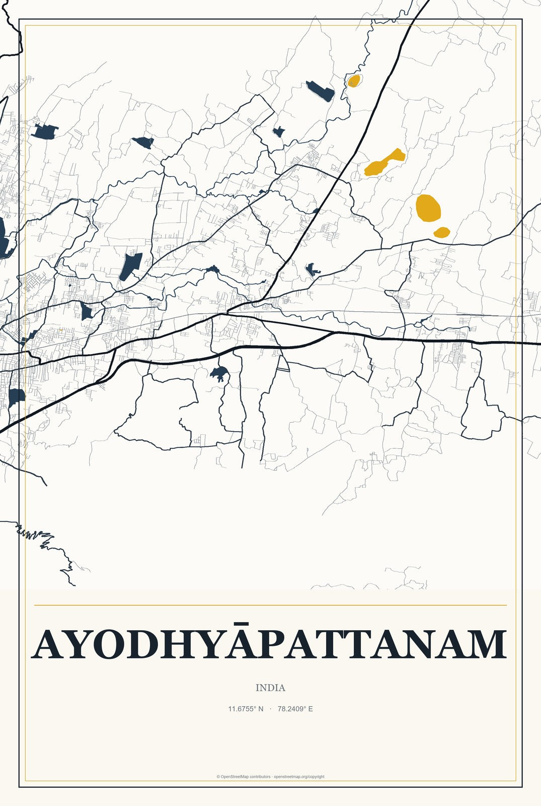 Ayodhyāpattanam, India City Map Aluminum Sign in Citrine Modern style