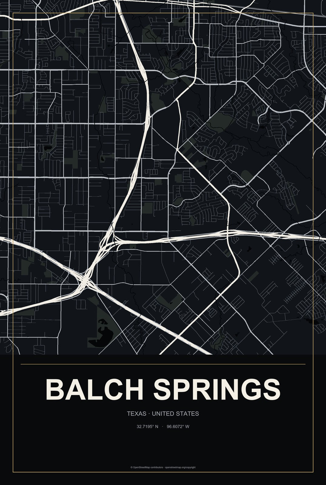 Balch Springs, Texas City Map Aluminum Sign in Metropolitan Noir style